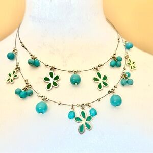 Wire Layered Silver and Turquoise Colored Beaded Necklace